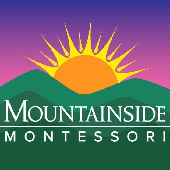 An illustration of an orange sun rises over green mountains with a pink and purple sky in the background. White text across the mountains reads "Mountainside Montessori"