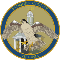 A hawk flies in front of a courthouse, surrounded by a circle with the words "Fauquier County Virginia" in the official Fauquier County seal.