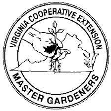 A hand holds a seedling in front of a black and white outline of Virginia. A circle around the image says "Virginia Cooperative Extension Master Gardeners"
