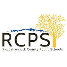 Black letters RCPS appear over "Rappahannock County Public Schools" in a smaller font. To the left of the leters there's the yellow silhouette of a tree, and over the larger letters are the blue outlines of a mountain range.
