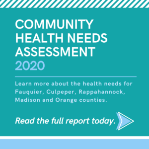 Green box with white text reading "Community Health Needs Assessment 2020, Read the Full report today" with a blue and white arrow at the bottom