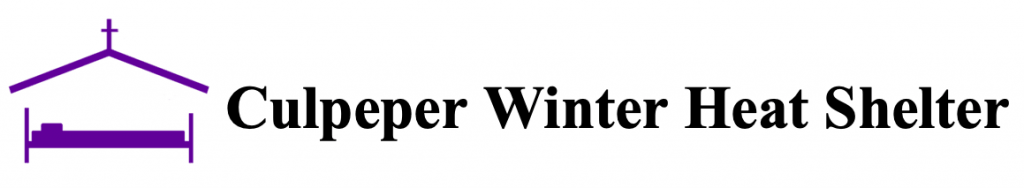 a purple house symbol is next to black serif text reading "Culpeper WInter Heat Shelter" against a white background