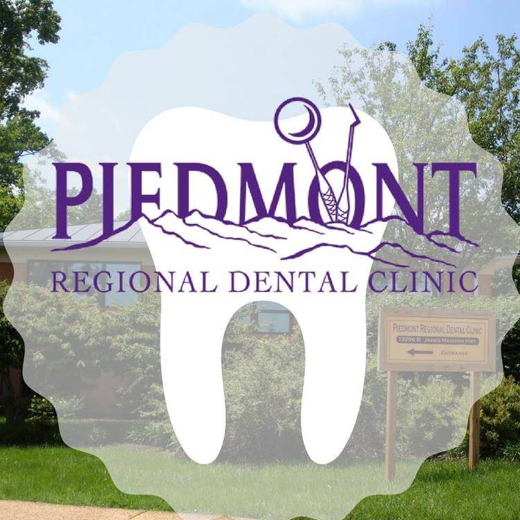 Piedmont Regional Dental Clinic Logo: a white graphic of a molar with purple text reading "Piedmont Regional Dental Clinic." There are purple line drawings of mountains, all situated over a transparent white circle over a scenic background of grass, trees and sky.