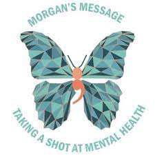 morgan's message logo. a low-poly butterfly, with a semi colon as the body, has teal and blue wings. the image is surrounded by the phrase "morgan's message, taking a shot at mental health" in teal lettering