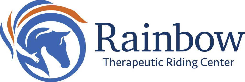 A blue and orange image of a horse, with its mane flowing into a circle, next to blue serif text reading "Rainbow Therapeutic Riding Center"
