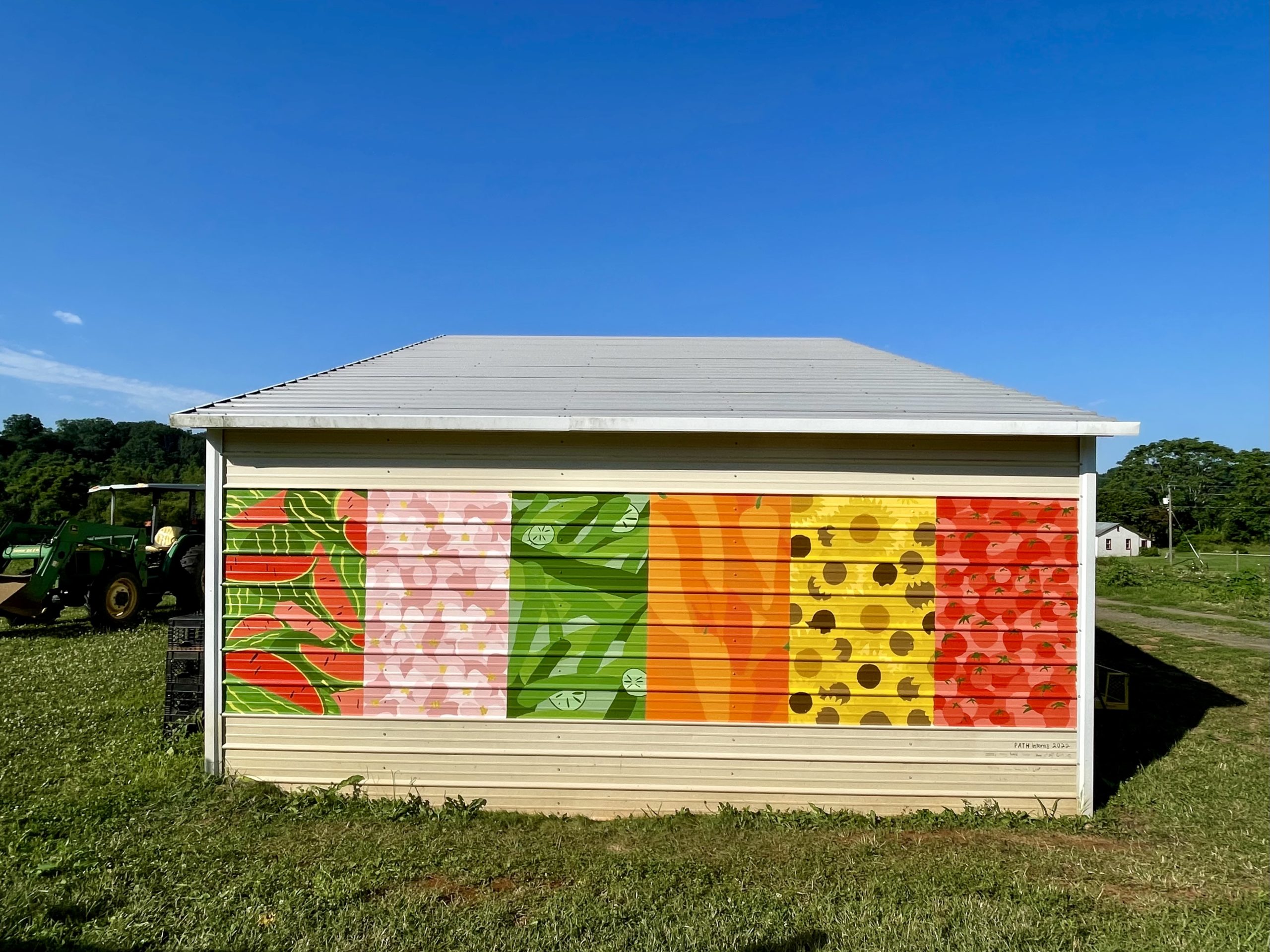 A colorful mural in a minimal style, depicting watermelon, dogwood, cucumbers, carrots, sunflowers and tomatoes. It is painted on the side of a tan shed.